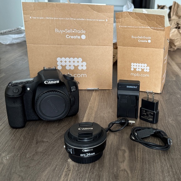 Canon Black DSLR Camera Body with 24mm Lens and Accessories